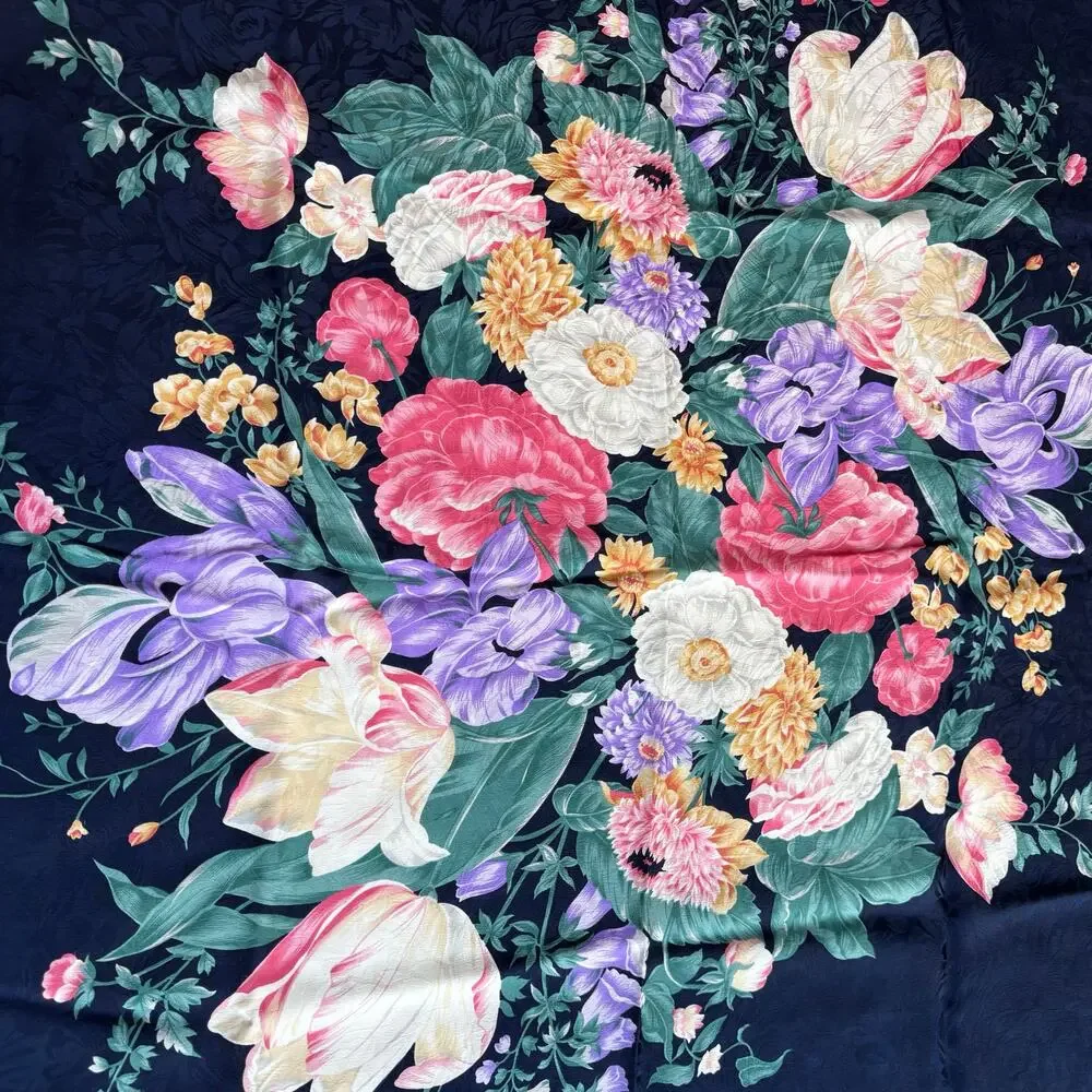 Vintage Ellen Tracy Silk brocade floral scarf blue pink green flowers square